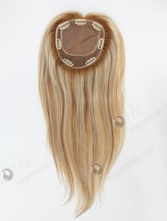 Best Luxury Rooted Blonde Hair Toppers with Highlights | In Stock 5.5"*6" European Virgin Hair 16" Straight T8/613# with 8# Highlights Silk Top Hair Topper-043-809