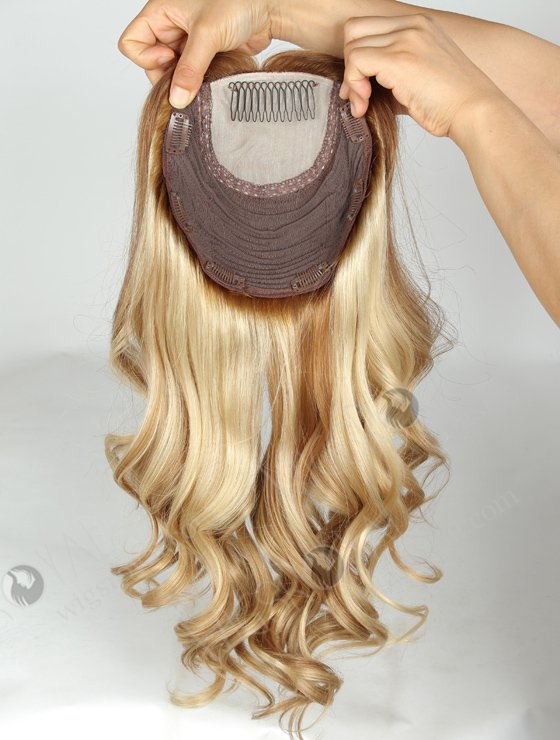 In Stock European Virgin Hair 18" One Length Bouncy Curl T8/613# with 8# Highlights 8"×8" Silk Top Wefted Hair Topper-020-709
