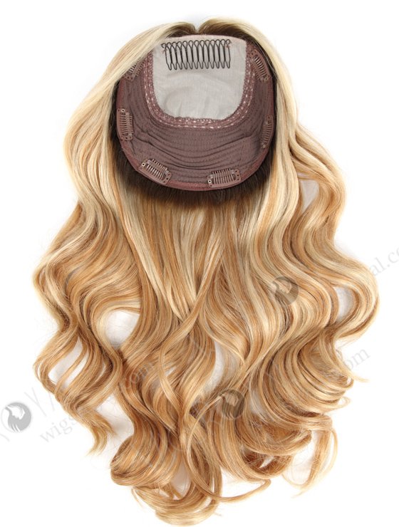 In Stock European Virgin Hair 16" Beach Wave T9/613# with T9/18# Highlights 7"×7" Silk Top Wefted Hair Topper-027-588