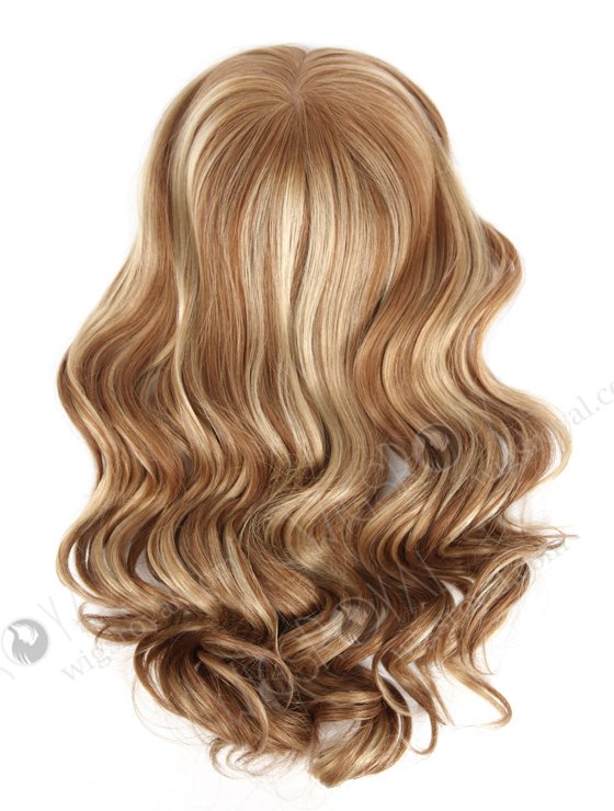 In Stock European Virgin Hair 16" One Length Bouncy Curl 8/9/22# Highlights With Roots Color 8# 8"×8" Silk Top Wefted Topper-028-661