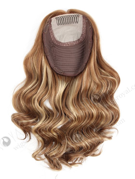 In Stock European Virgin Hair 16" One Length Bouncy Curl 8/9/22# Highlights With Roots Color 8# 8"×8" Silk Top Wefted Topper-028-656