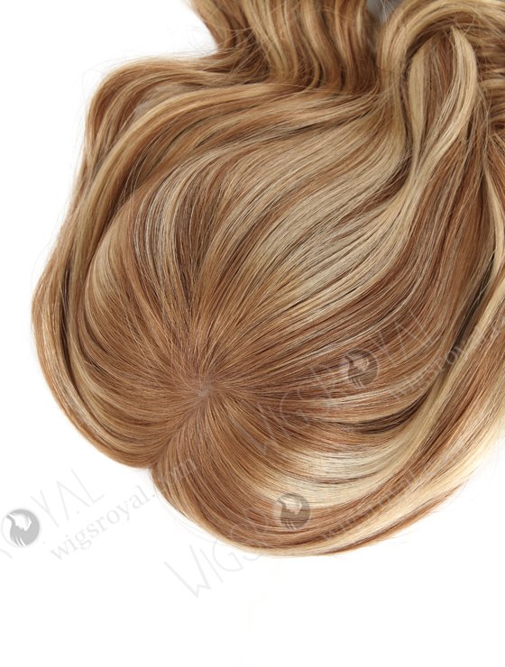 In Stock European Virgin Hair 16" One Length Bouncy Curl 8/9/22# Highlights With Roots Color 8# 8"×8" Silk Top Wefted Topper-028-658