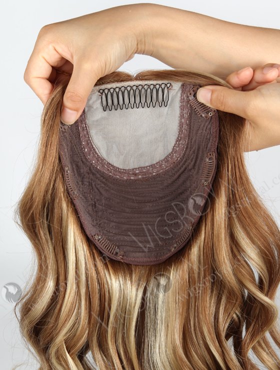 In Stock European Virgin Hair 16" One Length Bouncy Curl 8/9/22# Highlights With Roots Color 8# 8"×8" Silk Top Wefted Topper-028-659