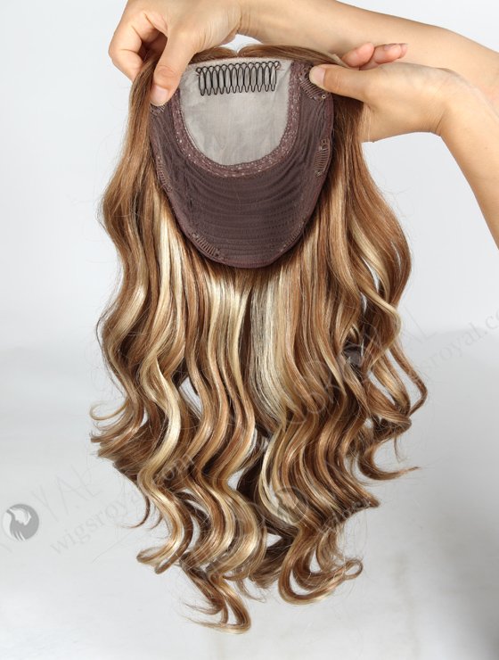 In Stock European Virgin Hair 16" One Length Bouncy Curl 8/9/22# Highlights With Roots Color 8# 8"×8" Silk Top Wefted Topper-028-660