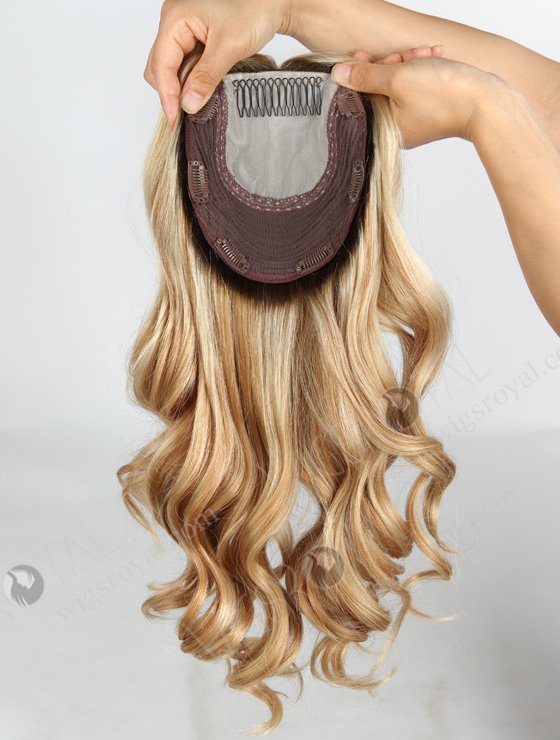 In Stock European Virgin Hair 16" Beach Wave T9/613# with T9/18# Highlights 7"×7" Silk Top Wefted Hair Topper-027-584