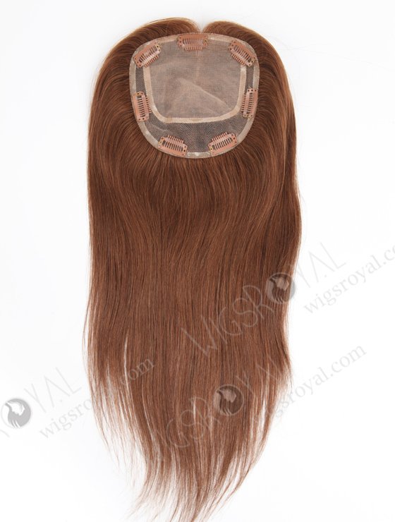 Medium Brown Real Human Hair Toppers with Highlights | In Stock 5.5"*6" European Virgin Hair 16" Straight Color 6# with 3# Highlights Silk Top Hair Topper-055-803