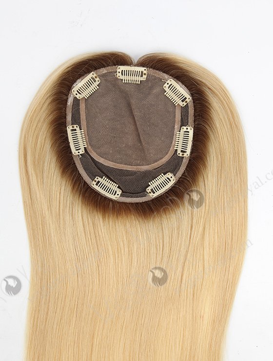 Best Silk Top Real Hair Toppers | Light Blonde with Medium Root Hair Pieces | In Stock 5.5"*6" European Virgin Hair 16" Straight Color T9/22# Silk Top Hair Topper-057-1209