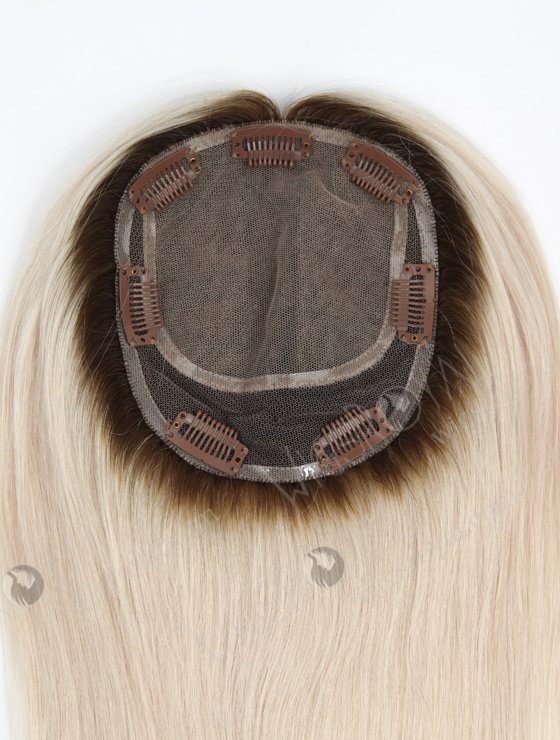 Luxury Best Quality Clip On Platinum Blonde Rooted Human Hair Topper | In Stock 5.5"*6" European Virgin Hair 18" Straight T9/White Color Silk Top Hair Topper-044-1220