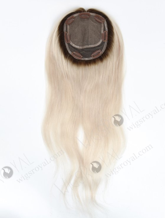 Luxury Best Quality Clip On Platinum Blonde Rooted Human Hair Topper | In Stock 5.5"*6" European Virgin Hair 18" Straight T9/White Color Silk Top Hair Topper-044-1219