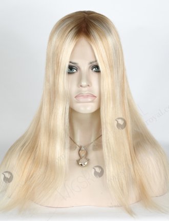 Best Online Wig Store For Women 100% Human Hair Rooted Blonde With Brown Highlights | In Stock European Virgin Hair 16" Straight T8/60/25/8# Highlights Color Lace Front Silk Top Glueless Wig GLL-08017