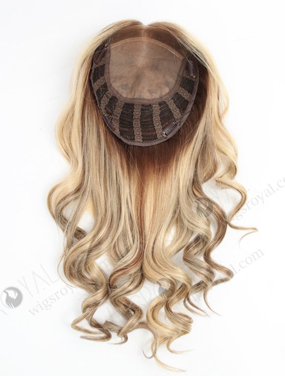 In Stock European Virgin Hair 16" Bouncy Curl 22#/4# highlights with roots 4# 7"×8" Silk Top Open Weft Human Hair Topper-070