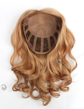 Large Base Full Volume Silk Human Hair Topper for Women Honey Brown | In Stock European Virgin Hair 16" Beach Wave 16/8# highlights with roots 8# 7"×8" Silk Top Open Weft Human Hair Topper-065