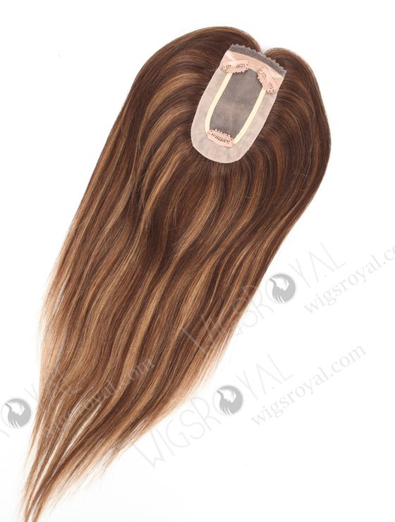 Charming Mono Topper Real Hair Top Pieces for Thinning Hair Chocolate Brown with Highlights | In Stock 2.75"*5.25" European Virgin Hair 16" Straight Color 3# with T3/8# highlights Monofilament Hair Topper-091-19400