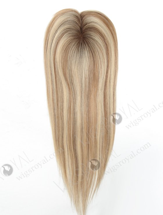 Light Volume Rooted Blonde with Brown Lowlights Small Base Mono Hair Topper | In Stock 2.75"*5.25" European Virgin Hair 16" Straight Color T9/60# with 9# Highlights Monofilament Hair Topper-083-19334