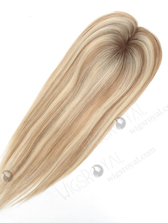 Light Volume Rooted Blonde with Brown Lowlights Small Base Mono Hair Topper | In Stock 2.75"*5.25" European Virgin Hair 16" Straight Color T9/60# with 9# Highlights Monofilament Hair Topper-083-19335