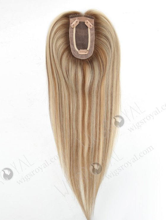 Light Volume Rooted Blonde with Brown Lowlights Small Base Mono Hair Topper | In Stock 2.75"*5.25" European Virgin Hair 16" Straight Color T9/60# with 9# Highlights Monofilament Hair Topper-083