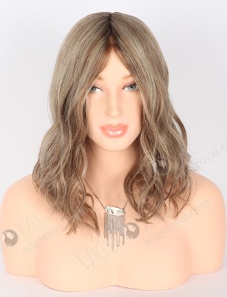 In Stock European Virgin Hair 14" Slight Wave Base 60#/10#/8a#, Roots 4# Color Monofilament Top Glueless Wig GLM-08005