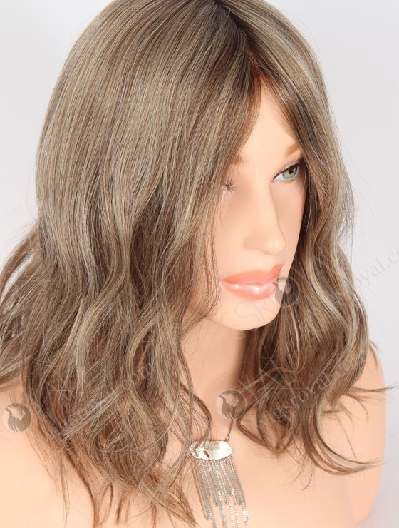 In Stock European Virgin Hair 14" Slight Wave Base 60#/10#/8a#, Roots 4# Color Monofilament Top Glueless Wig GLM-08005-22303