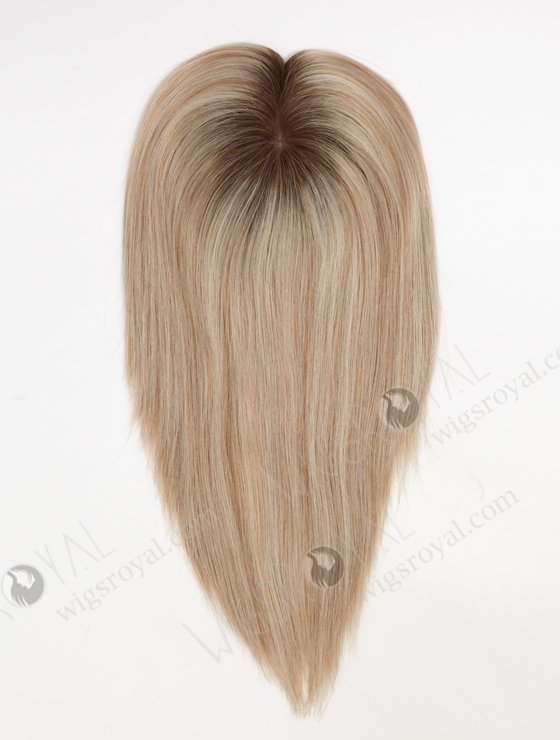 In Stock 5.5"*6.5" European Virgin Hair 12" All One Length Straight #8a/White, Brown Roots Color Silk Top Hair Topper-160-23264