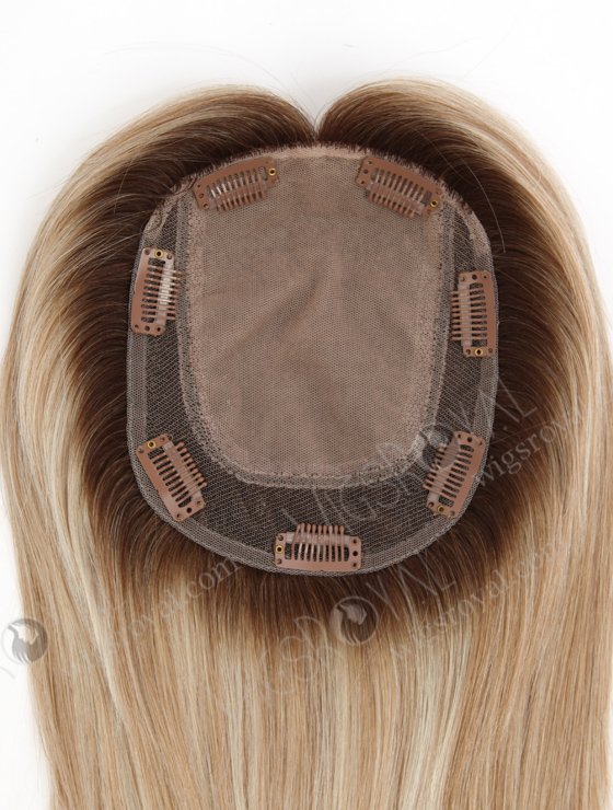 In Stock 5.5"*6.5" European Virgin Hair 12" All One Length Straight #8a/White, Brown Roots Color Silk Top Hair Topper-160-23267