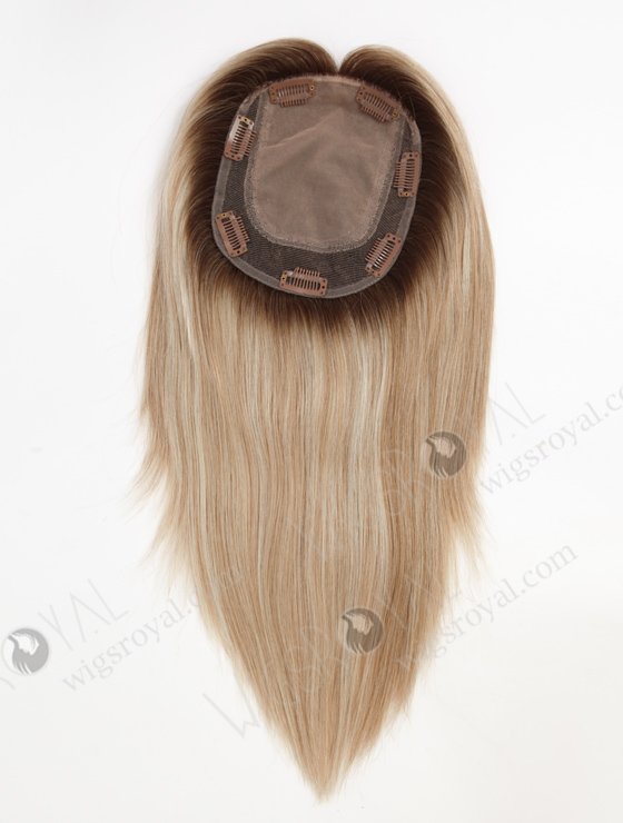 In Stock 5.5"*6.5" European Virgin Hair 12" All One Length Straight #8a/White, Brown Roots Color Silk Top Hair Topper-160-23270
