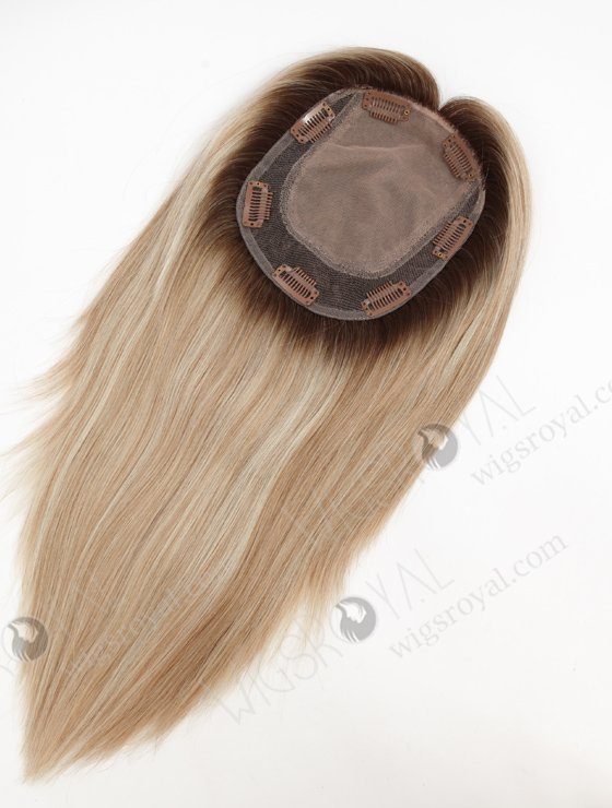 In Stock 5.5"*6.5" European Virgin Hair 12" All One Length Straight #8a/White, Brown Roots Color Silk Top Hair Topper-160-23269