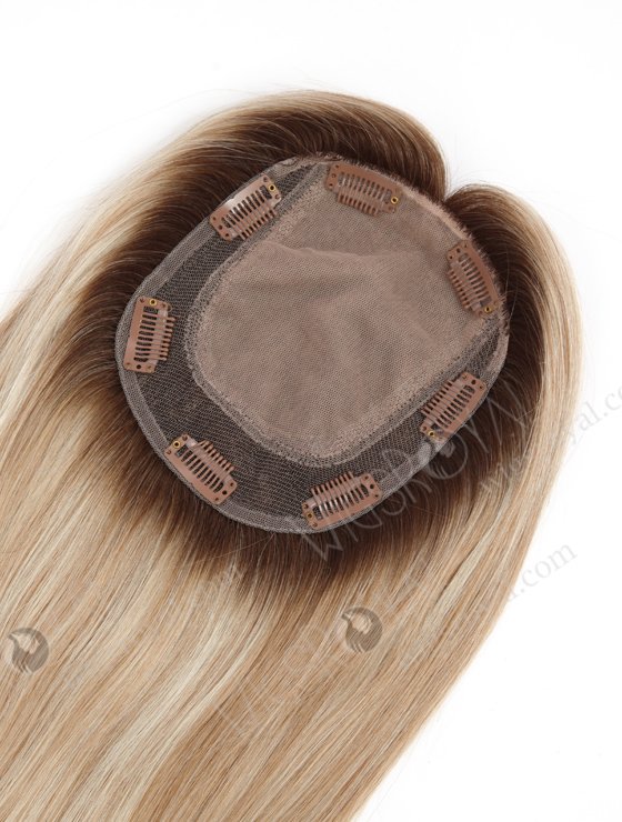 In Stock 5.5"*6.5" European Virgin Hair 12" All One Length Straight #8a/White, Brown Roots Color Silk Top Hair Topper-160-23271